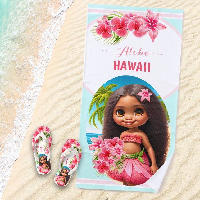 Cute Tiki Girl Summer Vacation Personalized Girl  Beach Towel (Creator Uploaded)