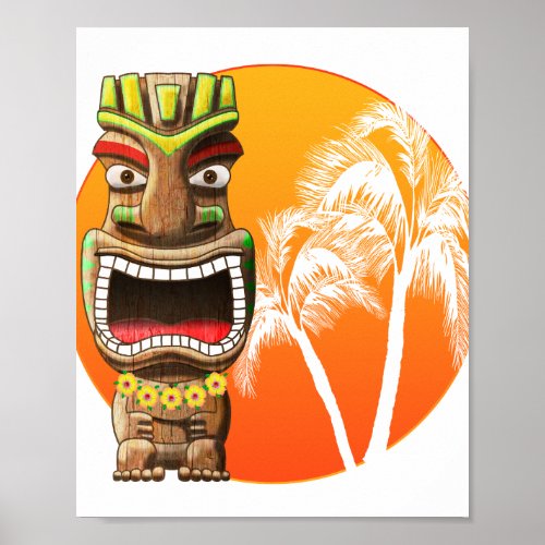 Cute Tiki Statue Beach Sunset Poster