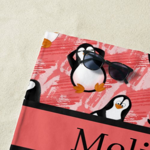 Cute tiled beach penguins add name beach towel