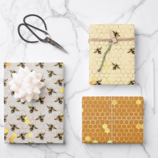 cute tiled bee pattern party wrapping paper sheets (Front)