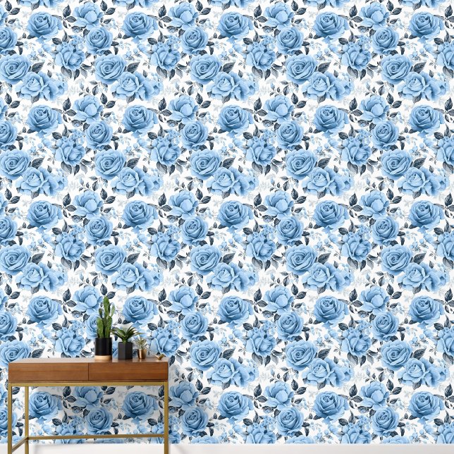 Cute tiled blue white roses pattern  wallpaper  (Hallway)