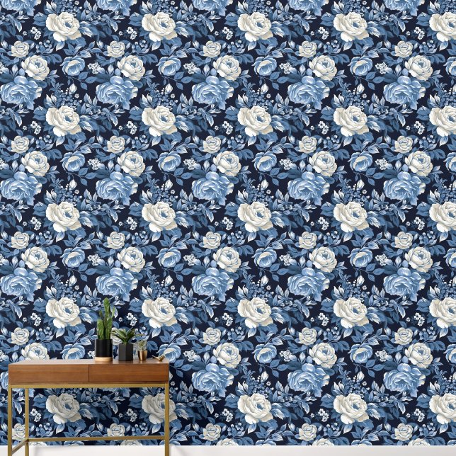Cute tiled blue white roses pattern wallpaper  (Hallway)