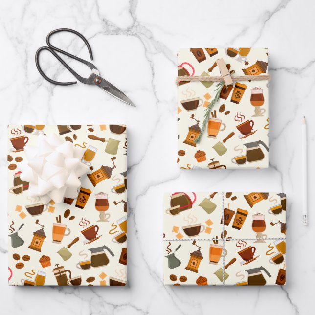 Cute tiled coffee pattern party wrapping paper sheets (Front)