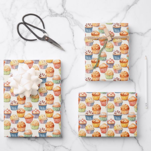 Cute tiled cupcake party wrapping paper sheets (Front)