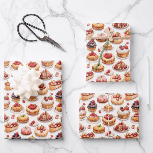 Cute tiled mixed pastries party wrapping paper sheets (Front)