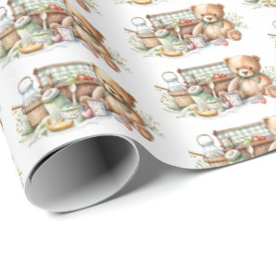 Cute tiled picnic bears party wrapping paper