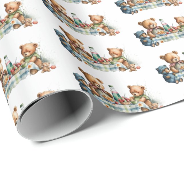 Cute tiled picnic bears party wrapping paper (Roll Corner)