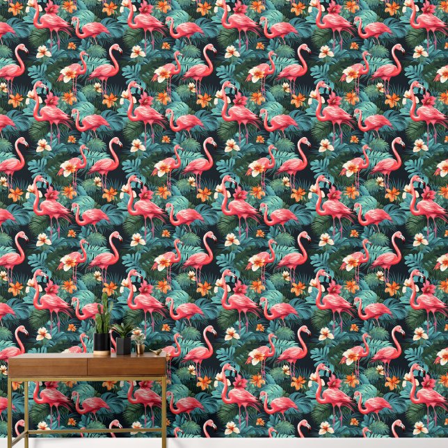 Cute tiled pink flamingo pattern wallpaper  (Hallway)