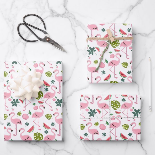 Cute tiled pink flamingo pattern wrapping paper sheets (Front)