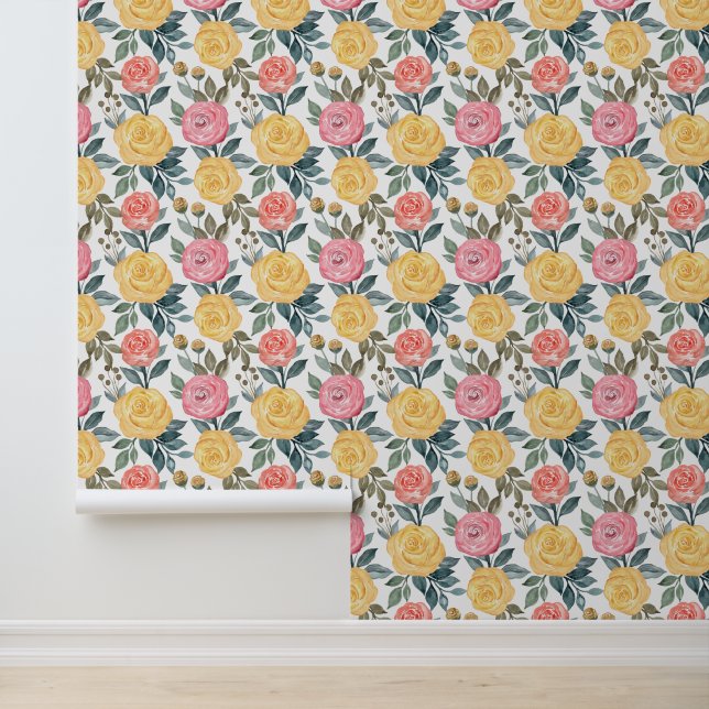 Cute tiled pink yellow roses pattern wallpaper  (Application)