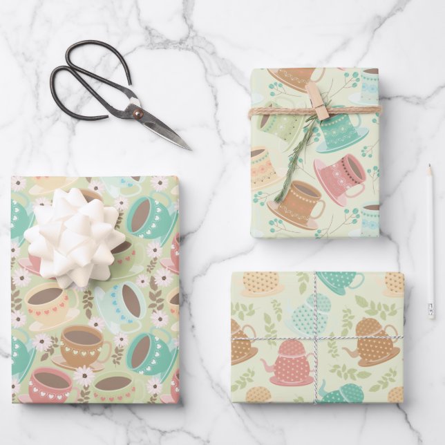 Cute tiled tea party wrapping paper sheets (Front)