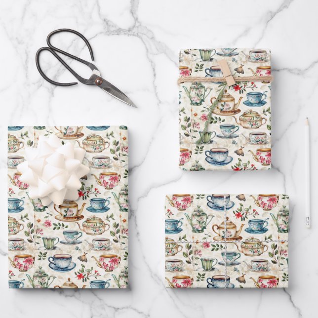 Cute tiled tea party  wrapping paper sheets (Front)