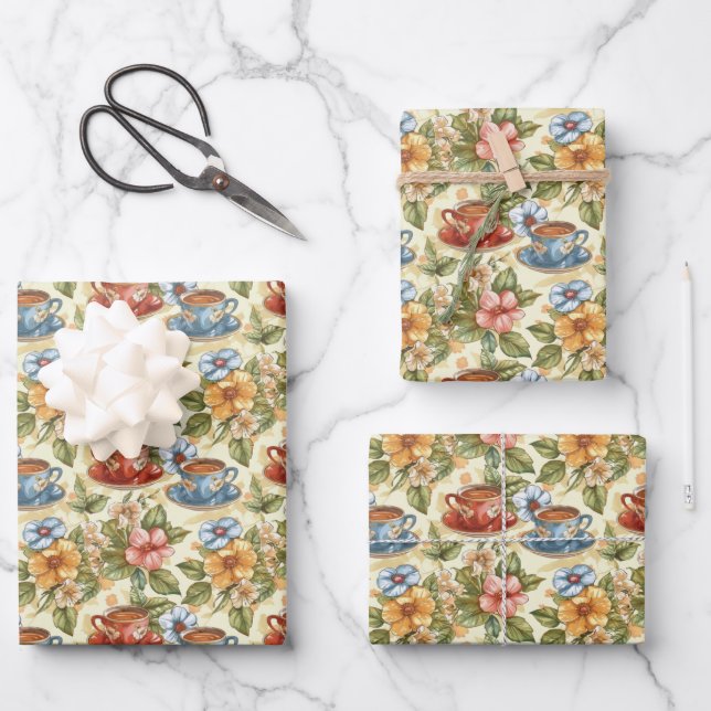 Cute tiled tea party  wrapping paper sheets (Front)