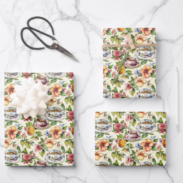 Cute tiled tea party  wrapping paper sheets (Front)