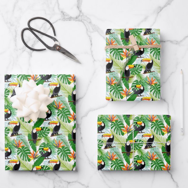 Cute tiled toucan party tropical bird wrapping paper sheets (Front)
