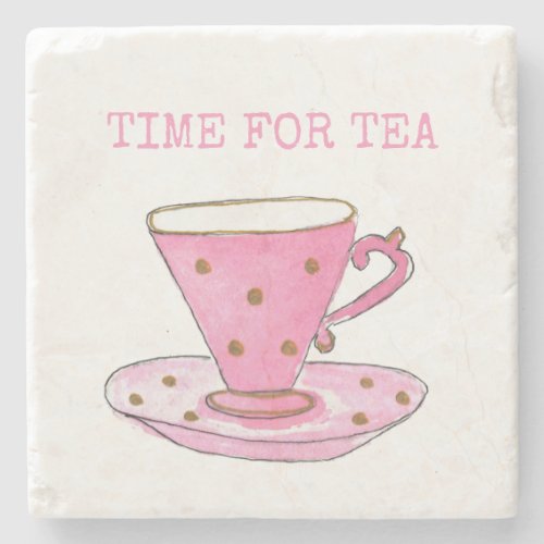 Cute Time for Tea Pink Watercolor Teacup Stone Coaster