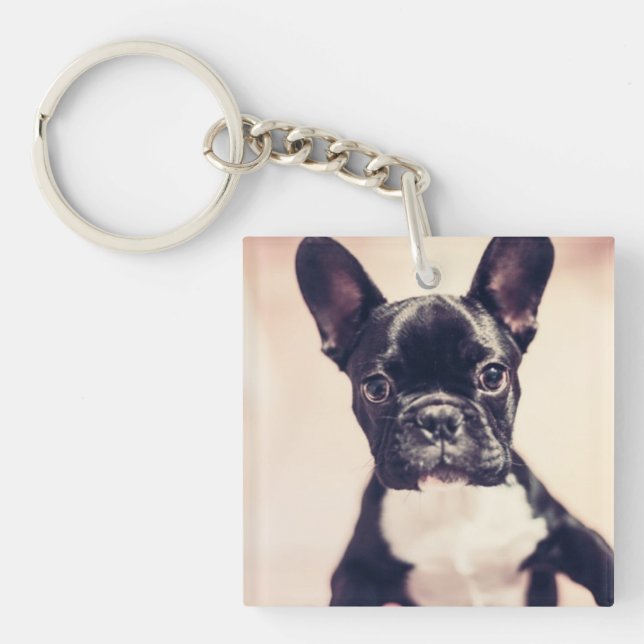 Cute Tiny Black and White Puppy Keychain (Front)