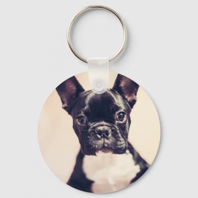 Cute Tiny Black and White Puppy Keychain (Front)