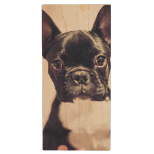 Cute Tiny Black and White Puppy Wood Flash Drive
