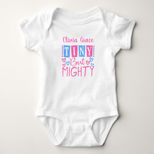 Cute Tiny But Mighty Pink Blue Personalized Girl Baby Bodysuit (Front)