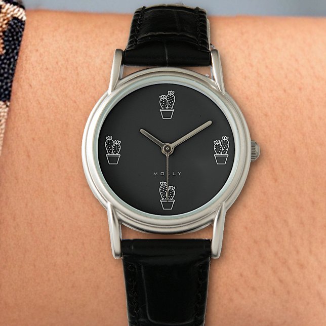 Cute Tiny Cactus Simple Plain Black Minimalist Watch (Creator Uploaded)