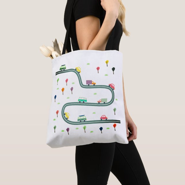 Cute Tiny Car Traveling On Roadway Tote Bag (Close Up)