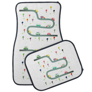 Cute Tiny Cars Traveling On Roadway Car Floor Mat