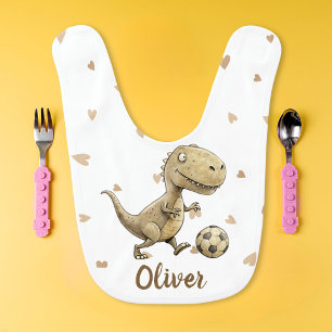 Cute Tiny Dino Playing Soccer Personalized  Baby Bib