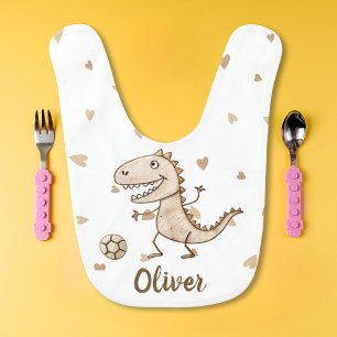 Cute Tiny Dino Playing Soccer Personalized  Baby Bib
