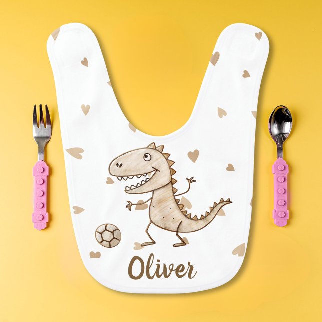 Cute Tiny Dino Playing Soccer Personalized  Baby Bib (Creator Uploaded)
