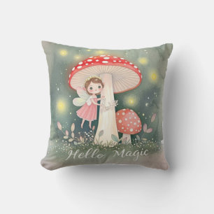 Cute Tiny fairy perched on top of mushroom Throw Pillow