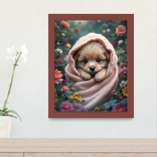 Cute, tiny, fluffy puppy surrounded by flowers framed art