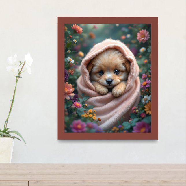 Cute, tiny, fluffy puppy surrounded by flowers framed art (Entryway)