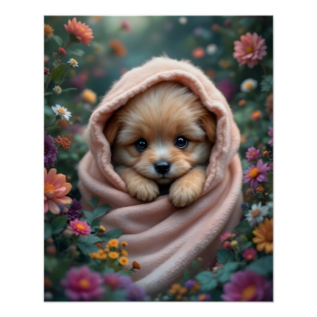 Cute, tiny, fluffy puppy surrounded by flowers poster (Front)