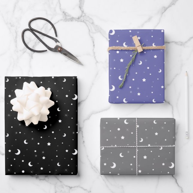 Cute Tiny Moons and Stars Wrapping Paper Sheets (Front)