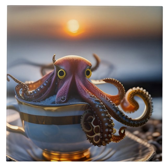  Cute tiny octopus in a teacup at sunrise Ceramic Tile (Front)