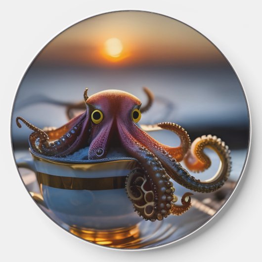 Cute tiny octopus in a teacup at sunrise Wireless Charger (Front)