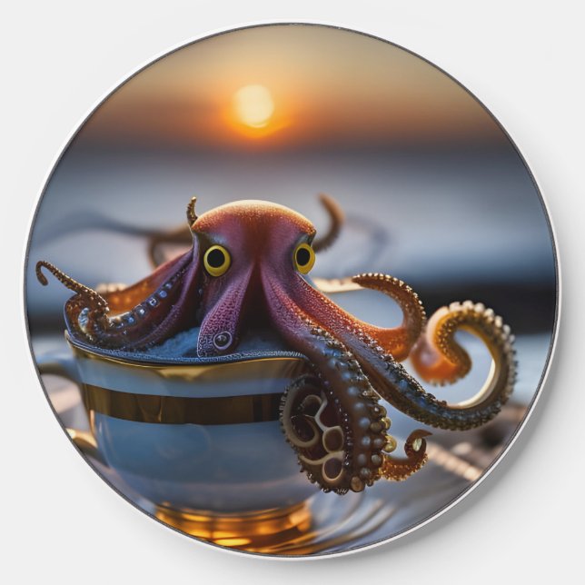  Cute tiny octopus in a teacup at sunrise Wireless Charger (Front)