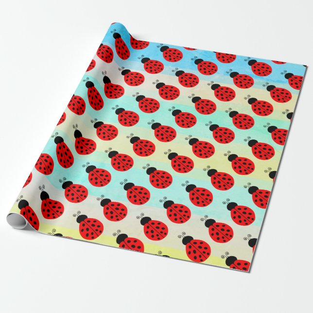 Cute Tiny Red Black Ladybug pattern Wrapping Paper (Unrolled)