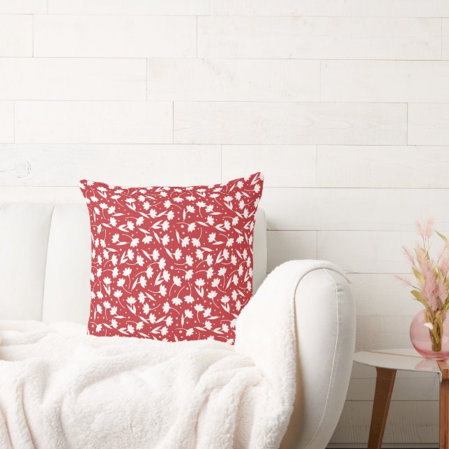 Cute tiny white flower pattern red pattern throw pillow (Couch)