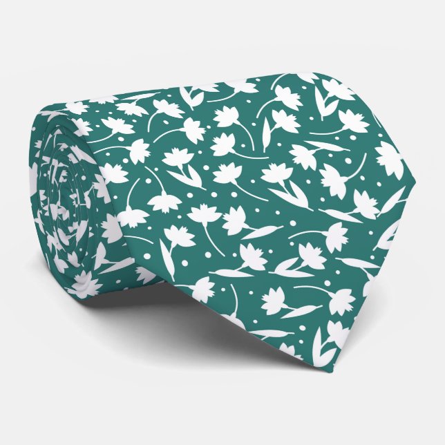 Cute tiny white flower pattern turquoise pattern neck tie (Rolled)