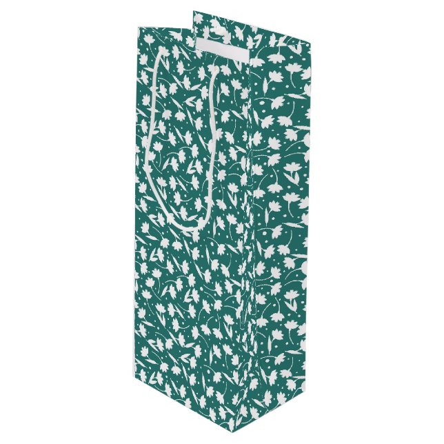 Cute tiny white flower pattern turquoise pattern wine gift bag (Front Angled)