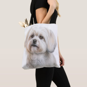 CUTE TINY WHITE MALTESE PUPPY DOG TOTE BAG