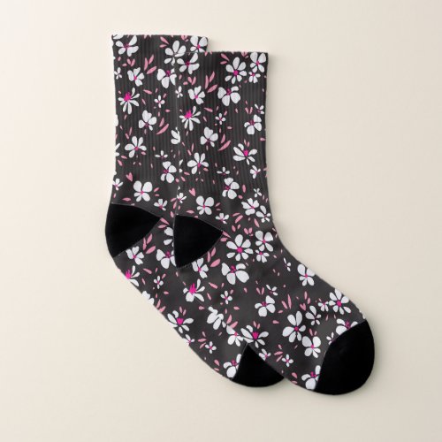 cute tiny white pink flower with black background socks
