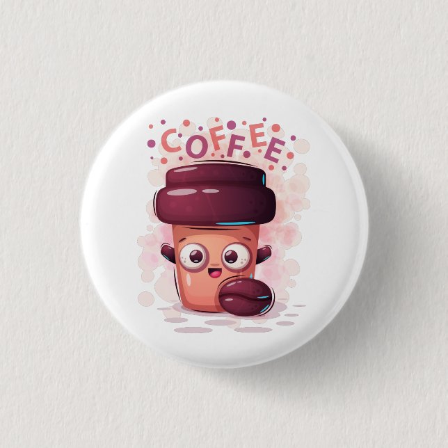 Cute To-go Coffee Cup & Coffee Bean T-Shirt Button (Front)