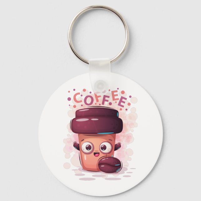 Cute To-go Coffee Cup & Coffee Bean T-Shirt Button Keychain (Front)