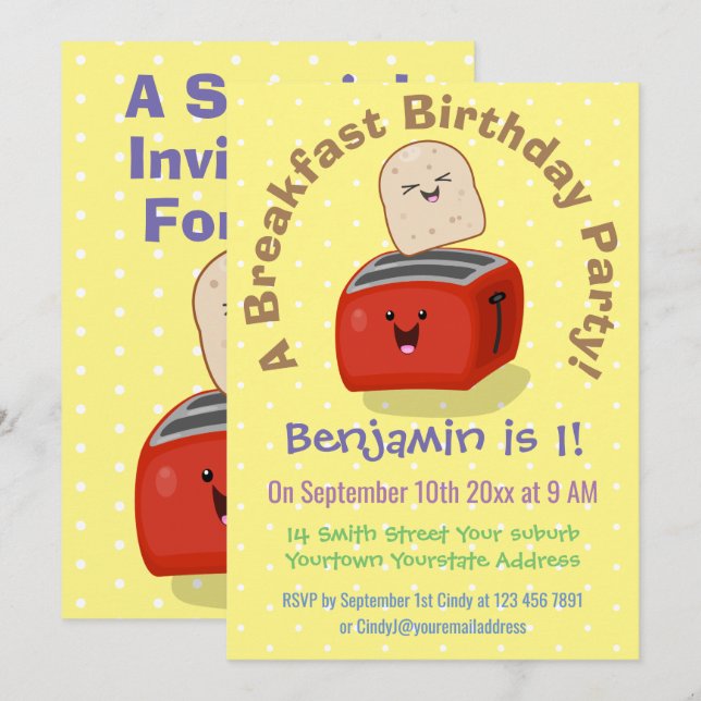 Cute toaster breakfast cartoon birthday invitation (Front/Back)