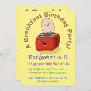 Cute toaster breakfast cartoon birthday invitation