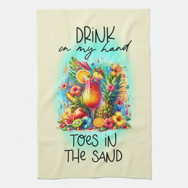 Cute toes sand drink hand word art  kitchen towel (Vertical)