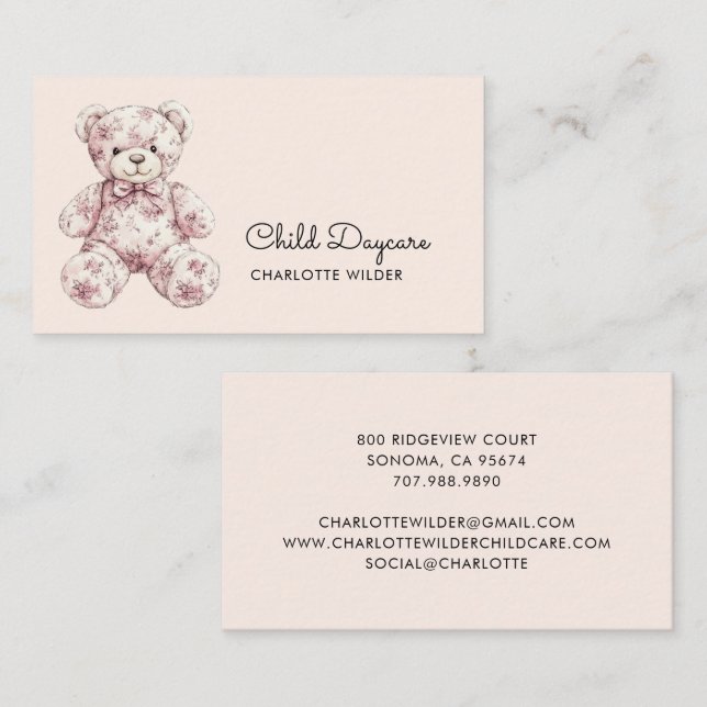 Cute Toile Teddy Bear Daycare Business Card (Front/Back)